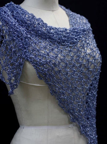 Close-up of the blue crochet openwork and beaded edge of the shawl.