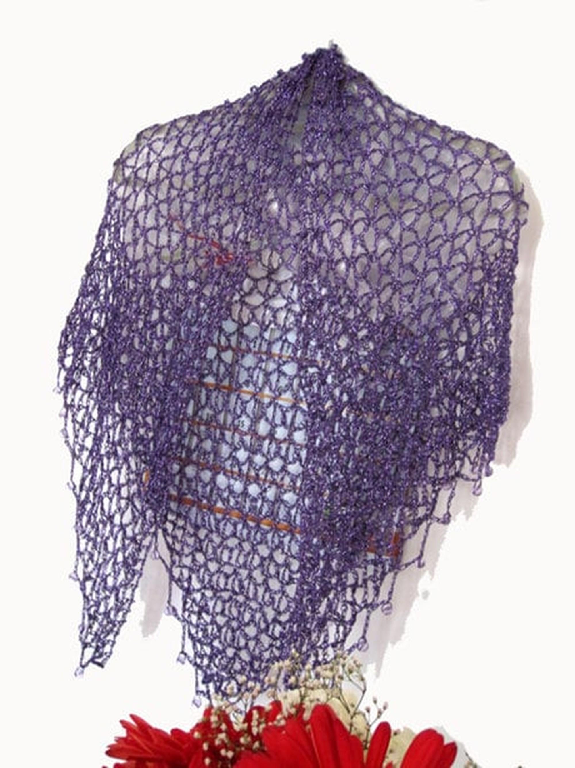 Plum purple shawl, full view of the hand-crocheted piece.