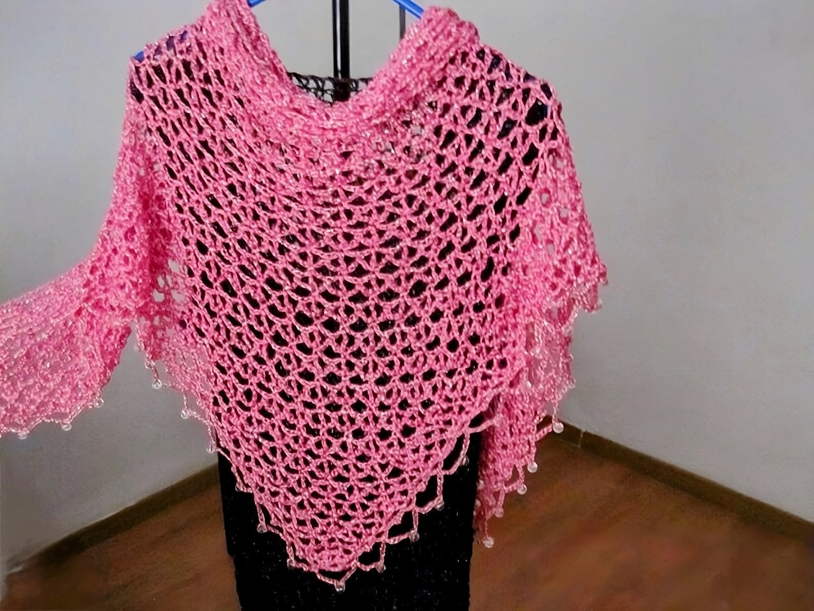 Blush pink shawl, full view of the hand-crocheted piece.