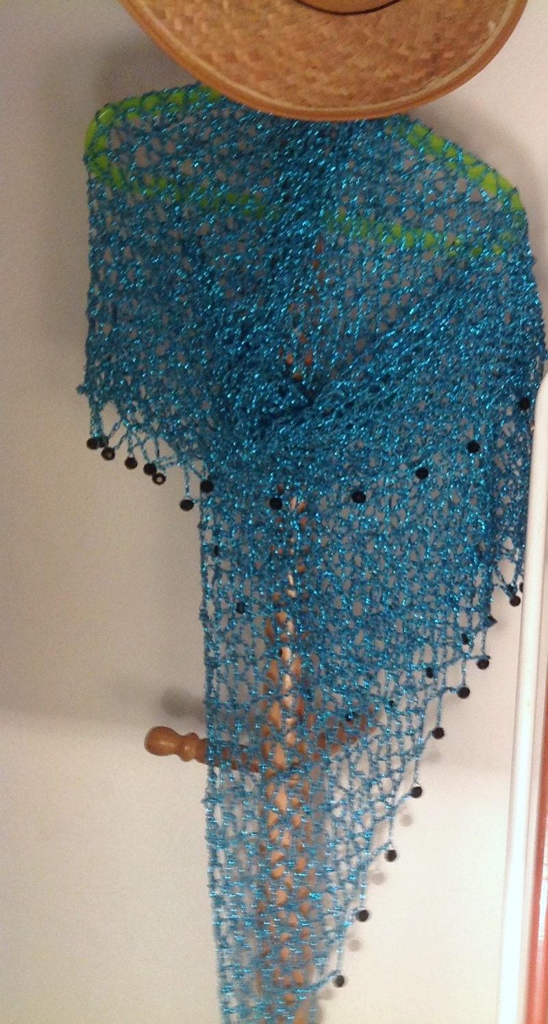 Wedding Shawl, Turquoise Shawl for Wedding Guest, Beaded Shawl Crochet Evening, Handmade Lurex Gift