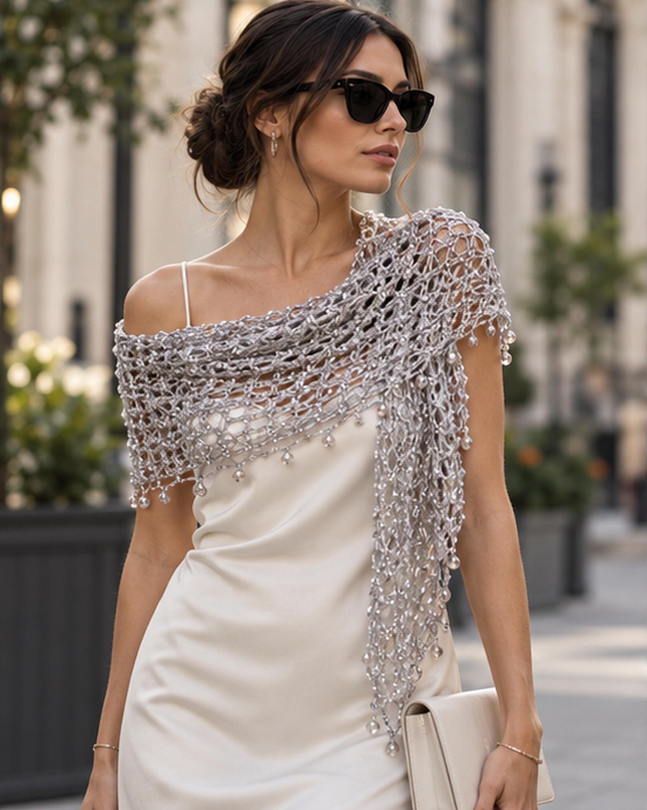 Close-up of the silver crochet openwork and beaded edge of the shawl.
