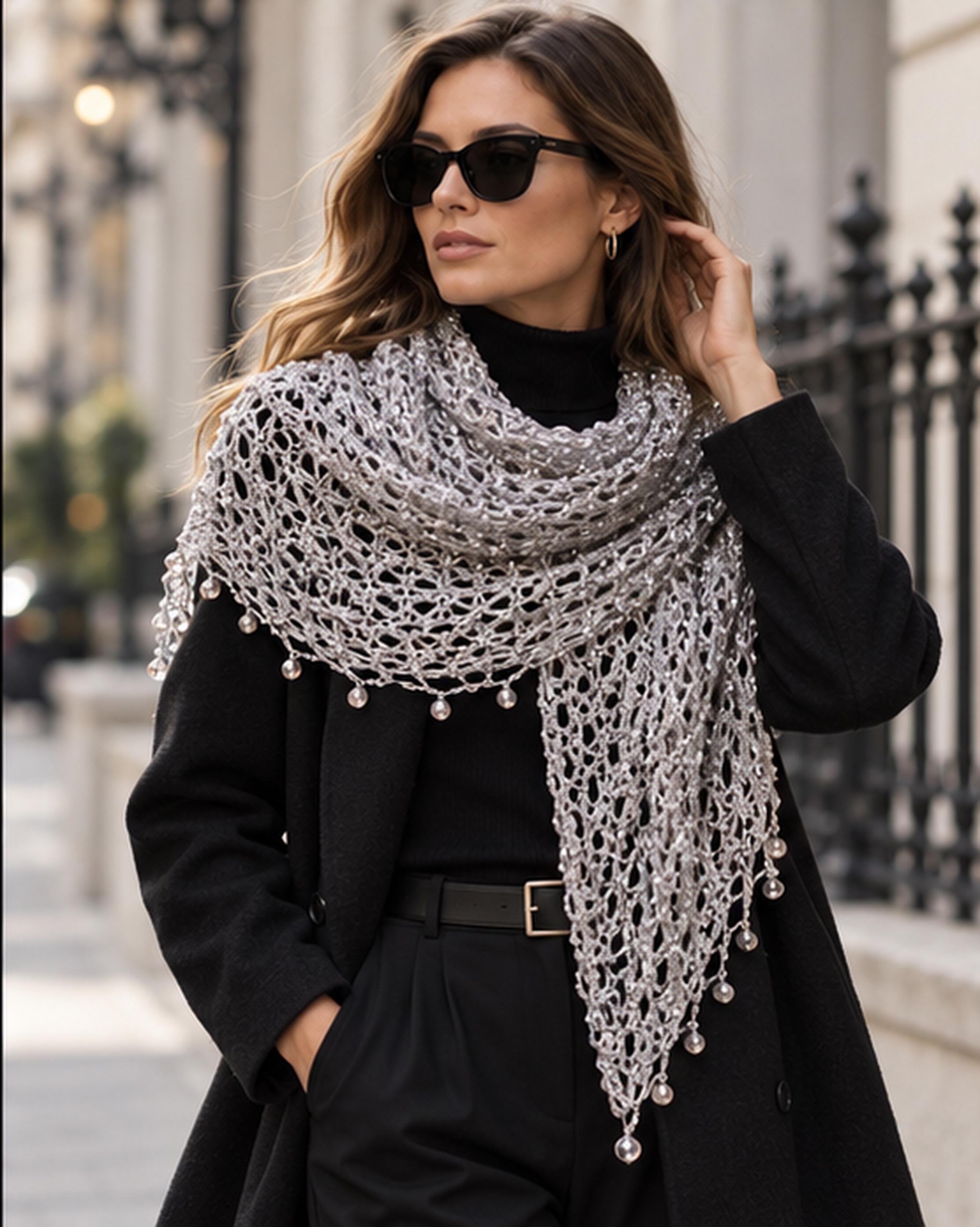 Silver shawl draped to show how it falls over the shoulders.