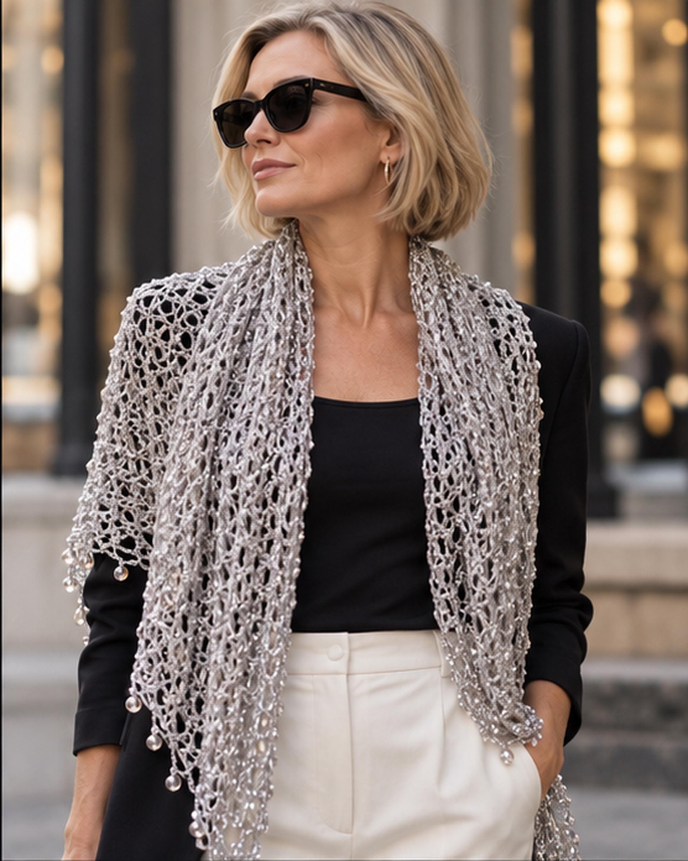 Side view of the silver shawl, the shimmering thread catching the light.