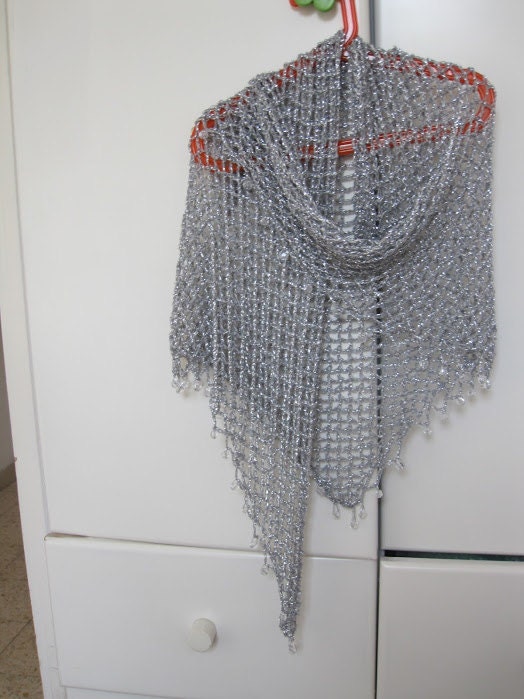 Silver shawl, full view of the hand-crocheted piece.